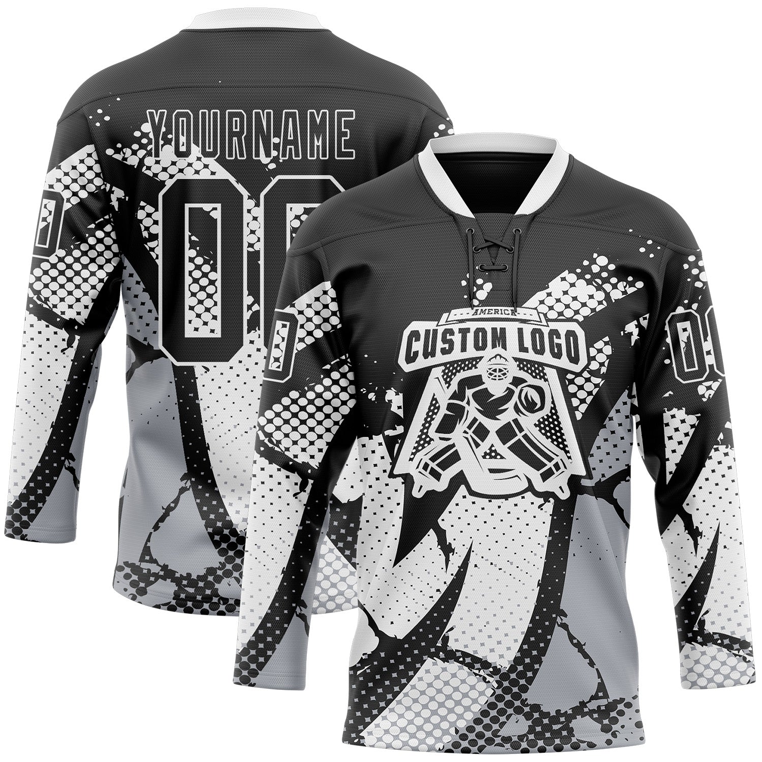 Custom Black Gray-White 3D Pattern Abstract Hockey Lace Neck Jersey view 2