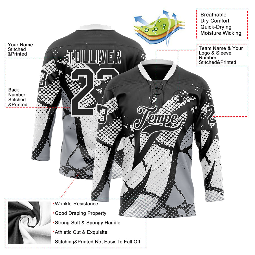 Custom Black Gray-White 3D Pattern Abstract Hockey Lace Neck Jersey view 3