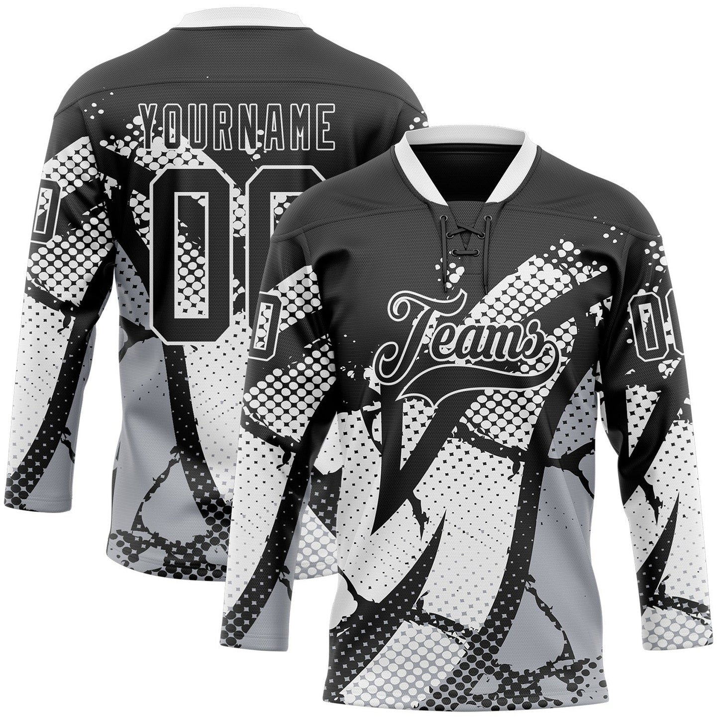 Custom Black Gray-White 3D Pattern Abstract Hockey Lace Neck Jersey - Main View