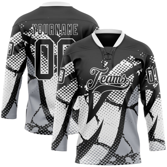 Custom Black Gray-White 3D Pattern Abstract Hockey Lace Neck Jersey - Main View