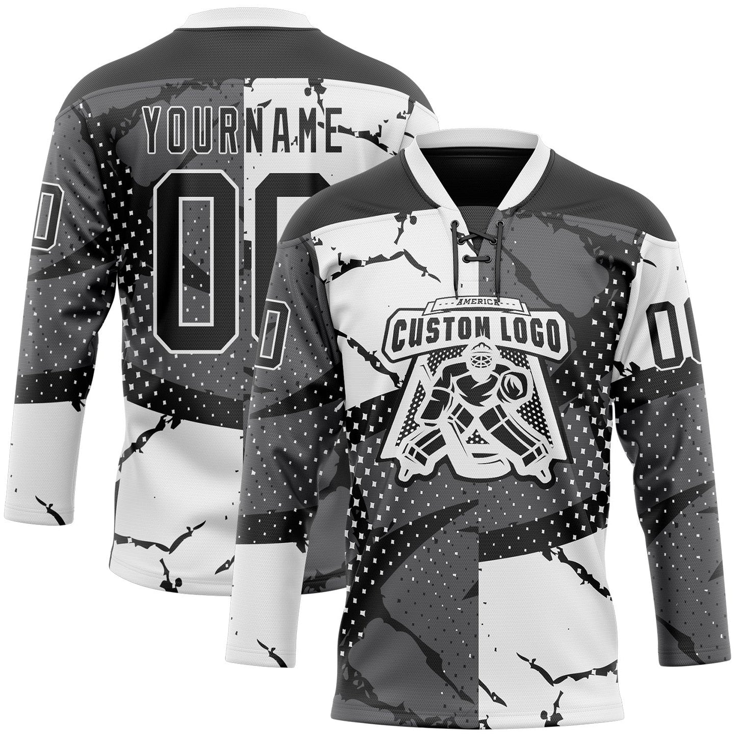 Custom Black Gray-White 3D Pattern Abstract Split Hockey Lace Neck Jersey view 2