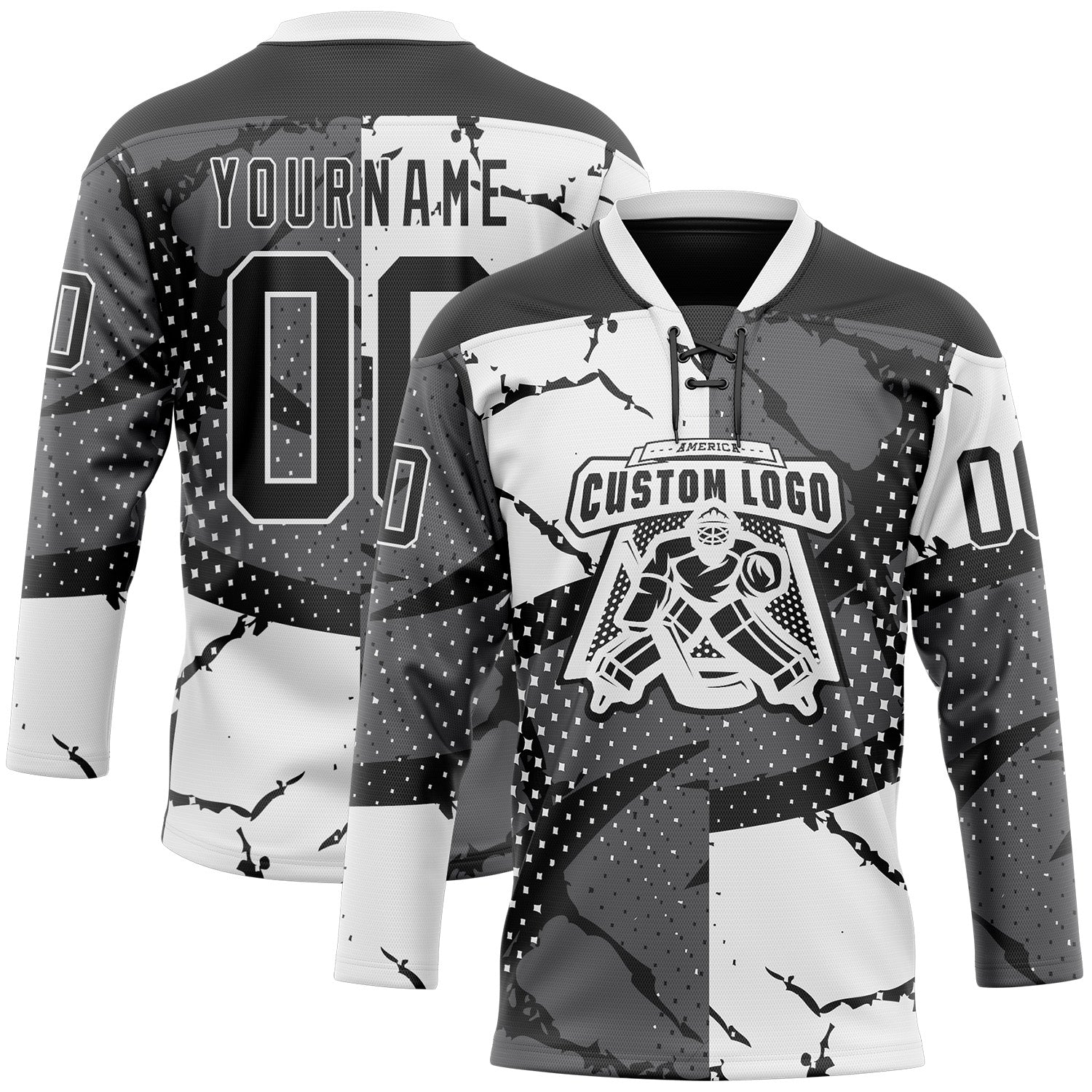 Custom Black Gray-White 3D Pattern Abstract Split Hockey Lace Neck Jersey view 2