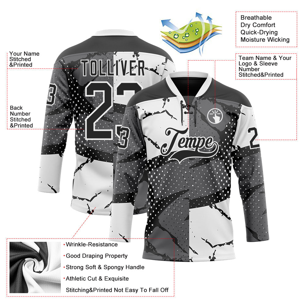 Custom Black Gray-White 3D Pattern Abstract Split Hockey Lace Neck Jersey view 3