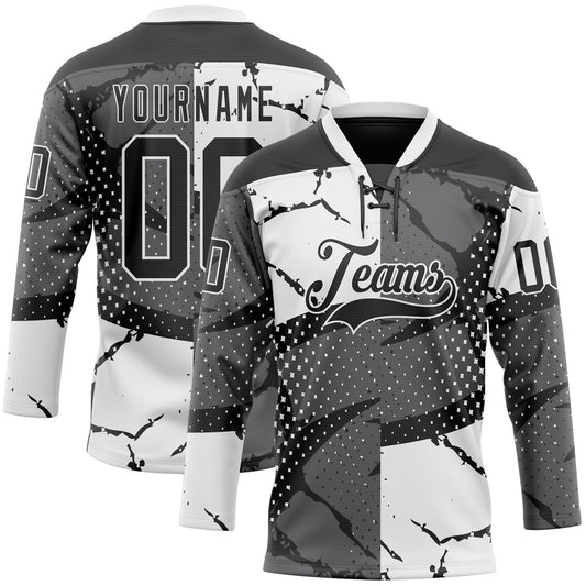 Custom Black Gray-White 3D Pattern Abstract Split Hockey Lace Neck Jersey - Main View