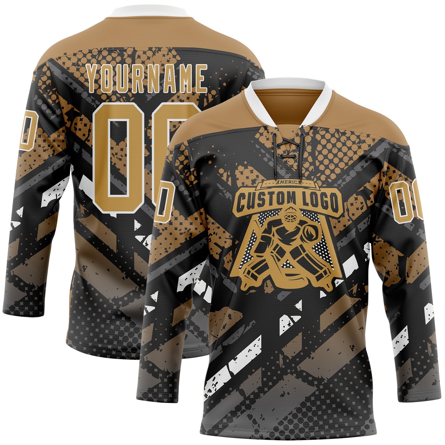 Custom Old Gold Gray Black-White 3D Pattern Abstract Grunge Hockey Lace Neck Jersey view 2