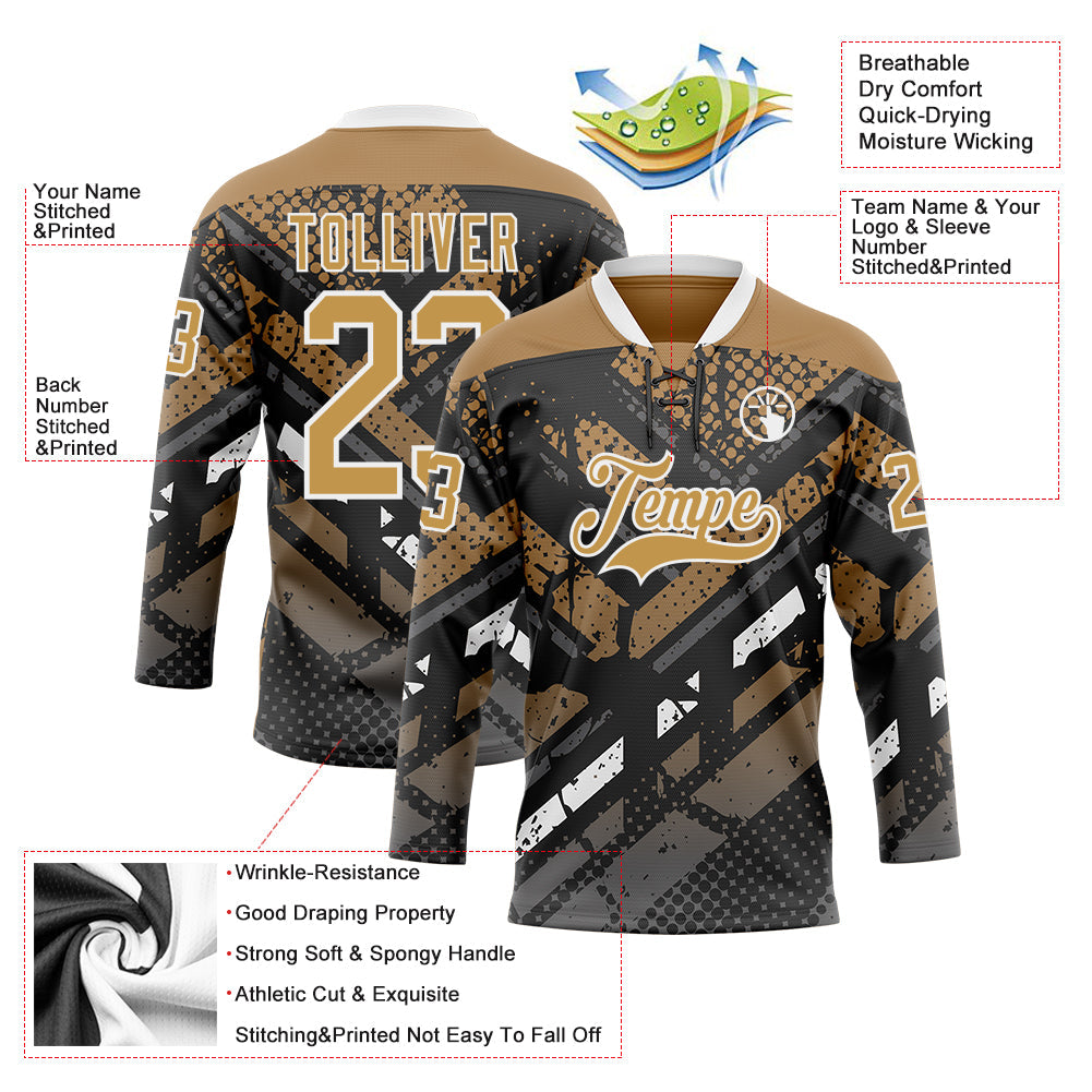 Custom Old Gold Gray Black-White 3D Pattern Abstract Grunge Hockey Lace Neck Jersey view 3