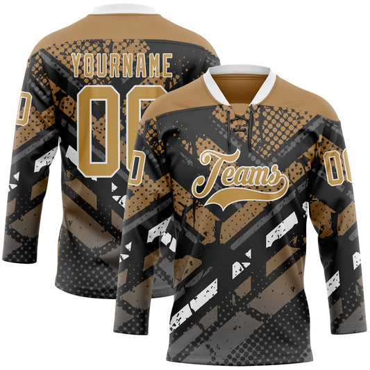 Custom Old Gold Gray Black-White 3D Pattern Abstract Grunge Hockey Lace Neck Jersey - Main View