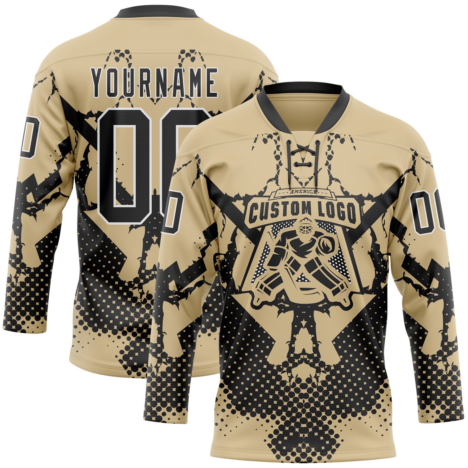 Custom Vegas Gold Black-White 3D Pattern Abstract Grunge Hockey Lace Neck Jersey view 2