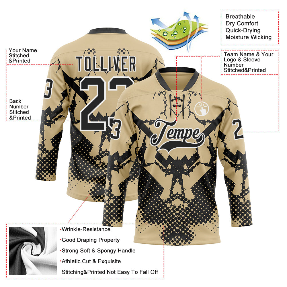 Custom Vegas Gold Black-White 3D Pattern Abstract Grunge Hockey Lace Neck Jersey view 3
