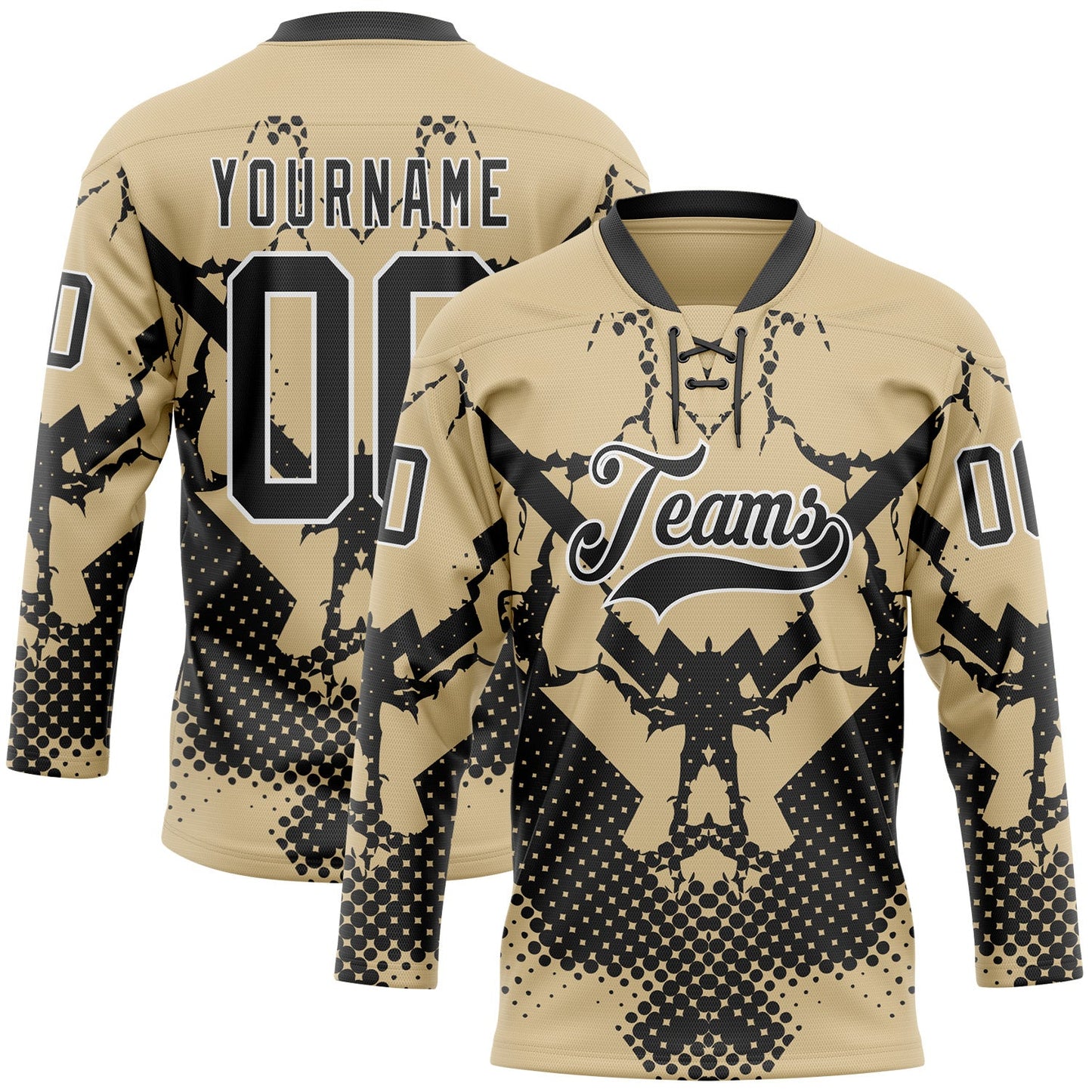 Custom Vegas Gold Black-White 3D Pattern Abstract Grunge Hockey Lace Neck Jersey - Main View
