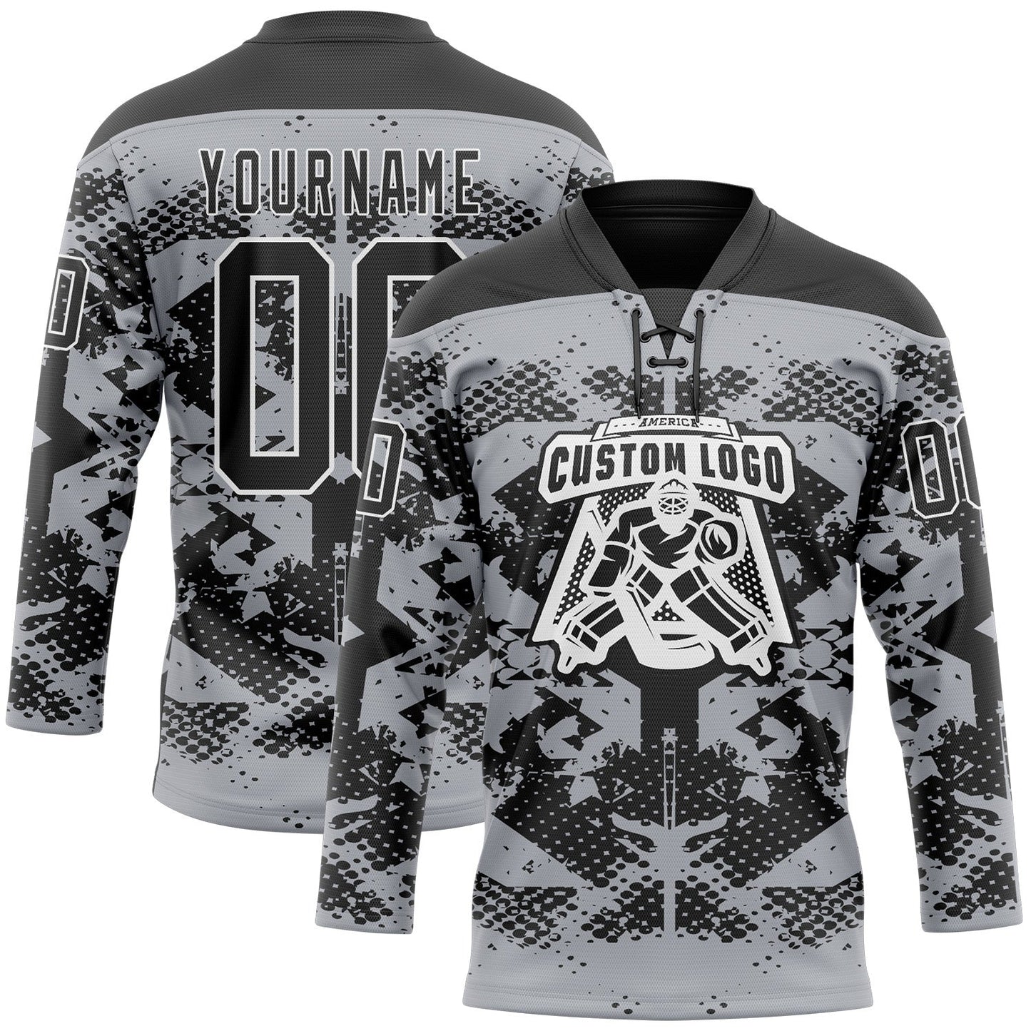 Custom Gray Black-White 3D Pattern Abstract Grunge Hockey Lace Neck Jersey view 2