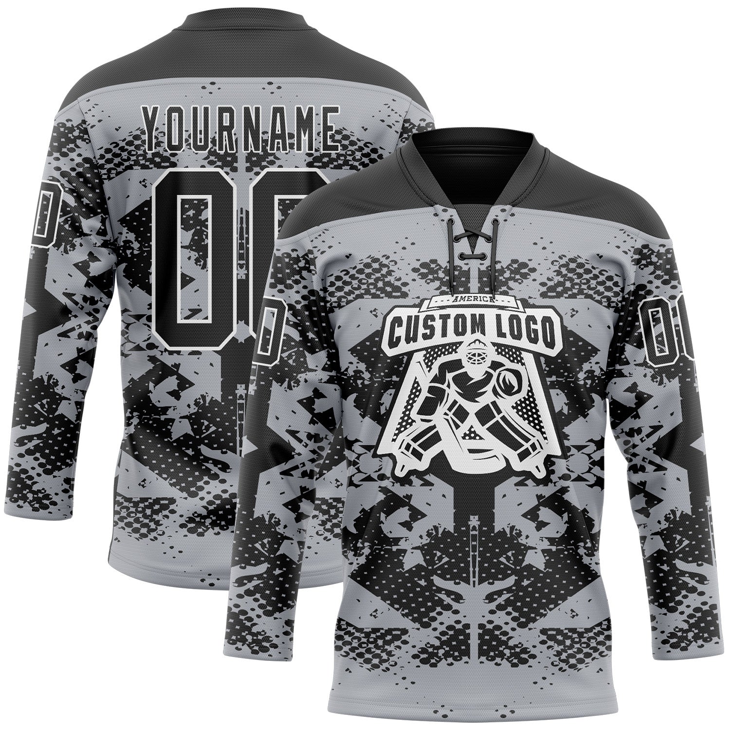 Custom Gray Black-White 3D Pattern Abstract Grunge Hockey Lace Neck Jersey view 2