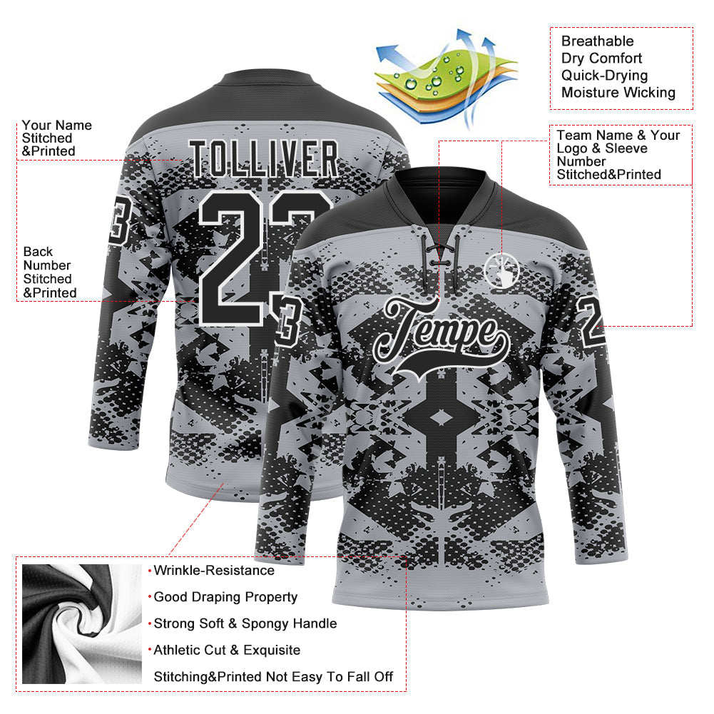 Custom Gray Black-White 3D Pattern Abstract Grunge Hockey Lace Neck Jersey view 3