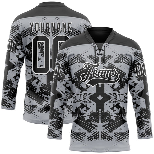 Custom Gray Black-White 3D Pattern Abstract Grunge Hockey Lace Neck Jersey - Main View