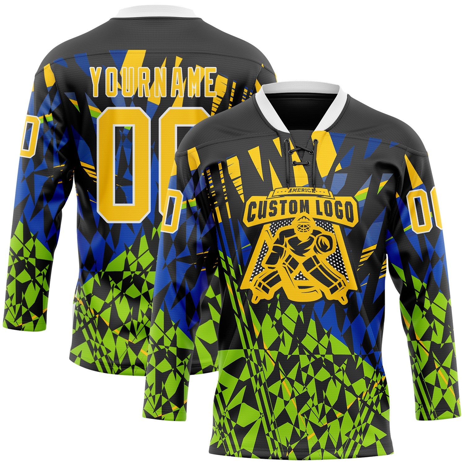 Custom Black Yellow Blue-Green 3D Pattern Abstract Hockey Lace Neck Jersey view 2