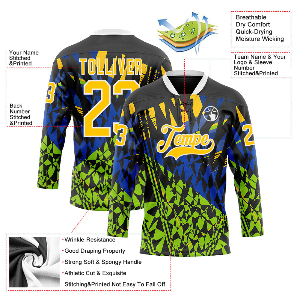 Custom Black Yellow Blue-Green 3D Pattern Abstract Hockey Lace Neck Jersey view 3
