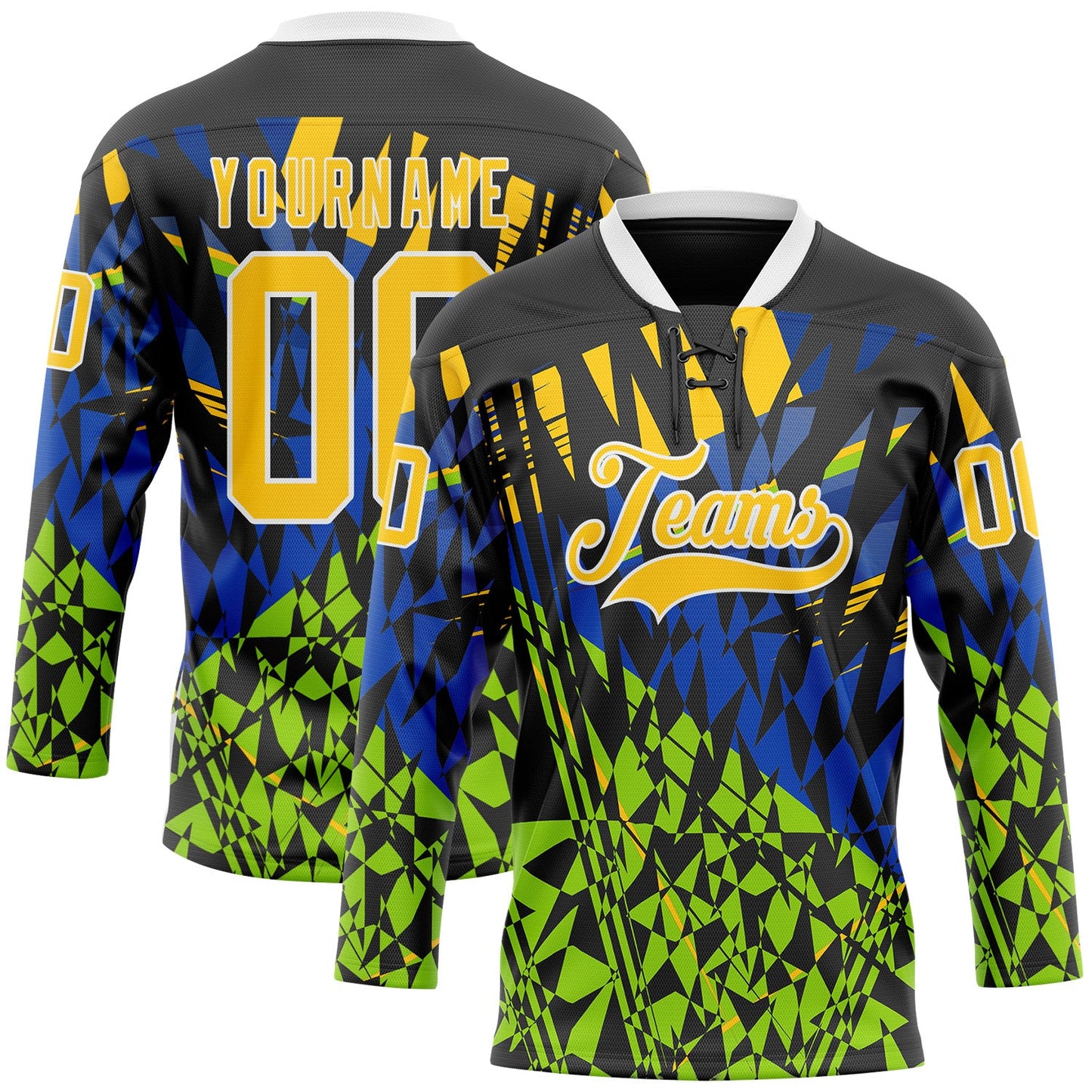 Custom Black Yellow Blue-Green 3D Pattern Abstract Hockey Lace Neck Jersey - Main View