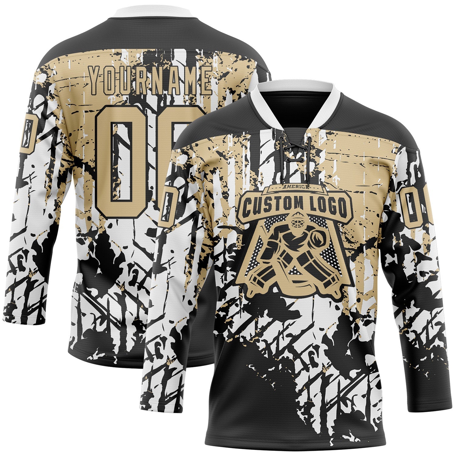 Custom Black Vegas Gold-White 3D Pattern Abstract Grunge Hockey Lace Neck Jersey view 2
