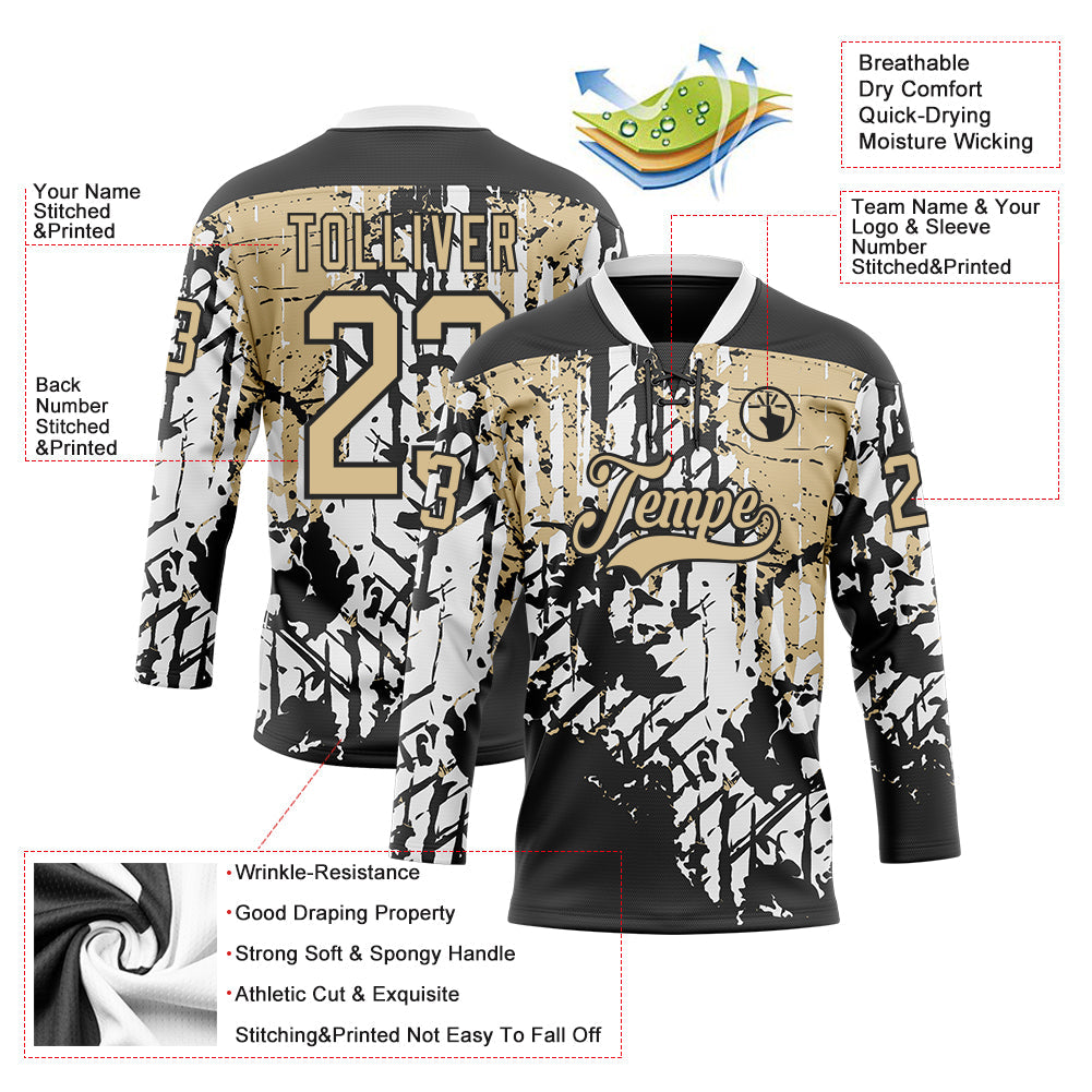 Custom Black Vegas Gold-White 3D Pattern Abstract Grunge Hockey Lace Neck Jersey view 3