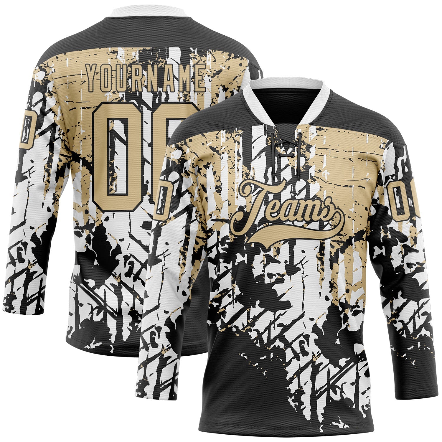 Custom Black Vegas Gold-White 3D Pattern Abstract Grunge Hockey Lace Neck Jersey - Main View