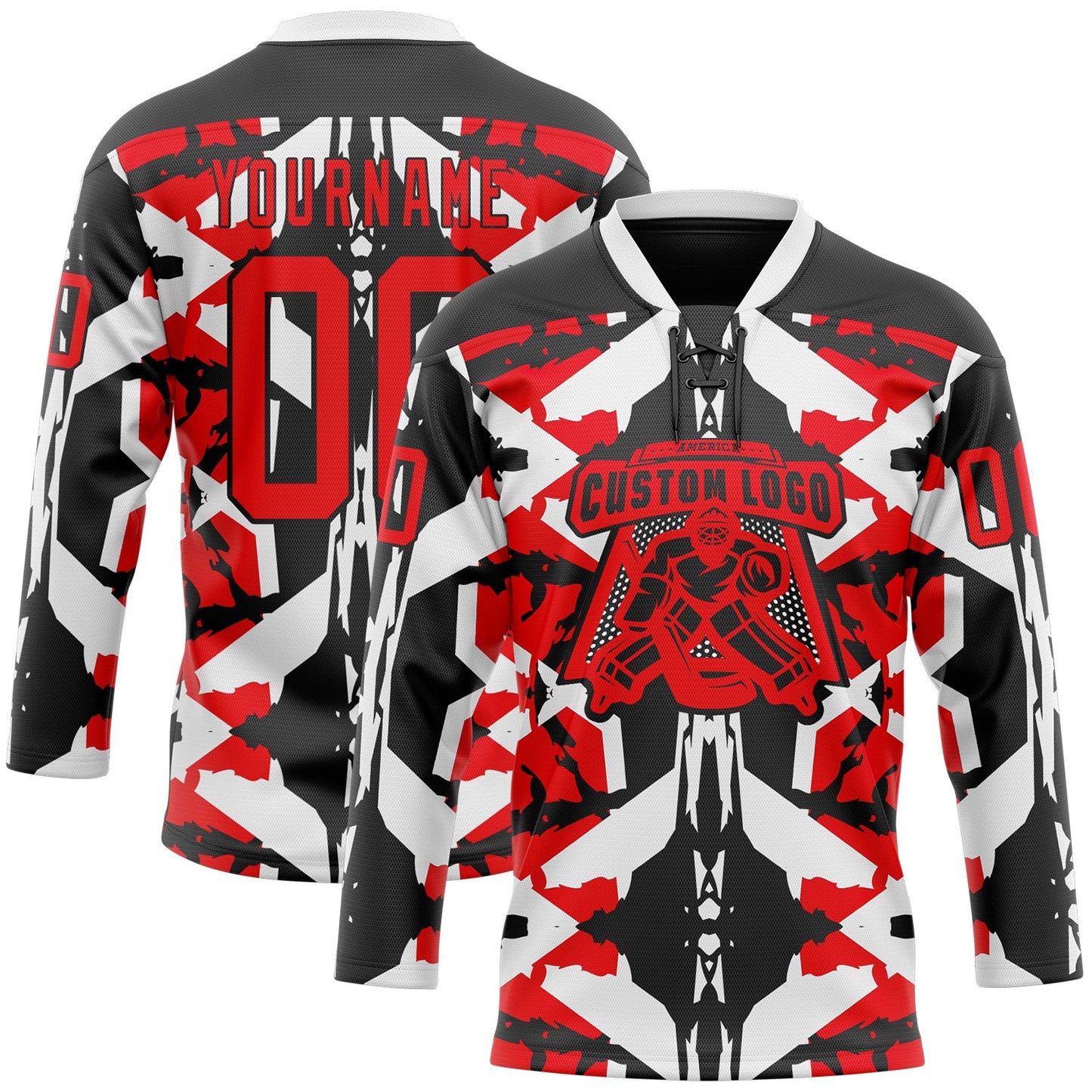 Custom Black Fire Red-White 3D Pattern Abstract Hockey Lace Neck Jersey view 2