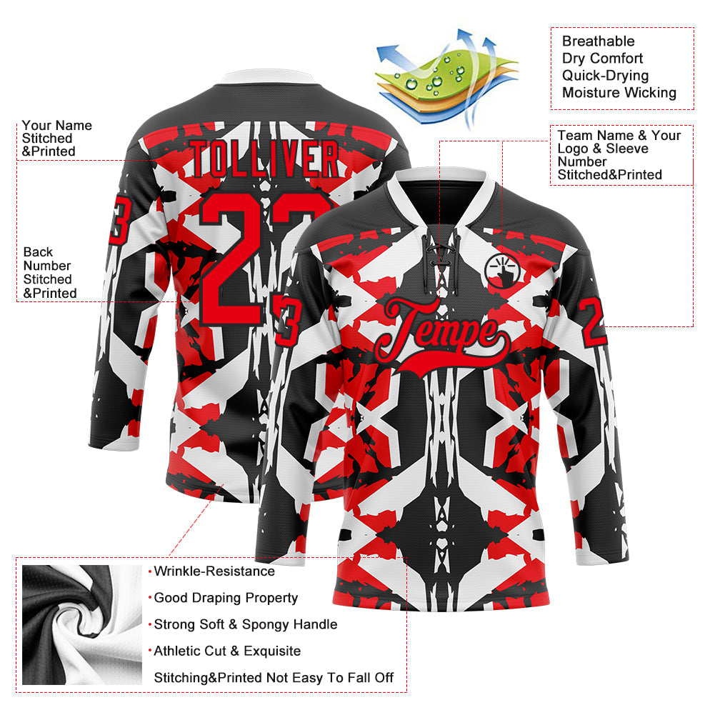 Custom Black Fire Red-White 3D Pattern Abstract Hockey Lace Neck Jersey view 3