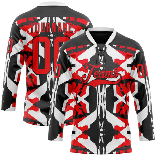 Custom Black Fire Red-White 3D Pattern Abstract Hockey Lace Neck Jersey - Main View