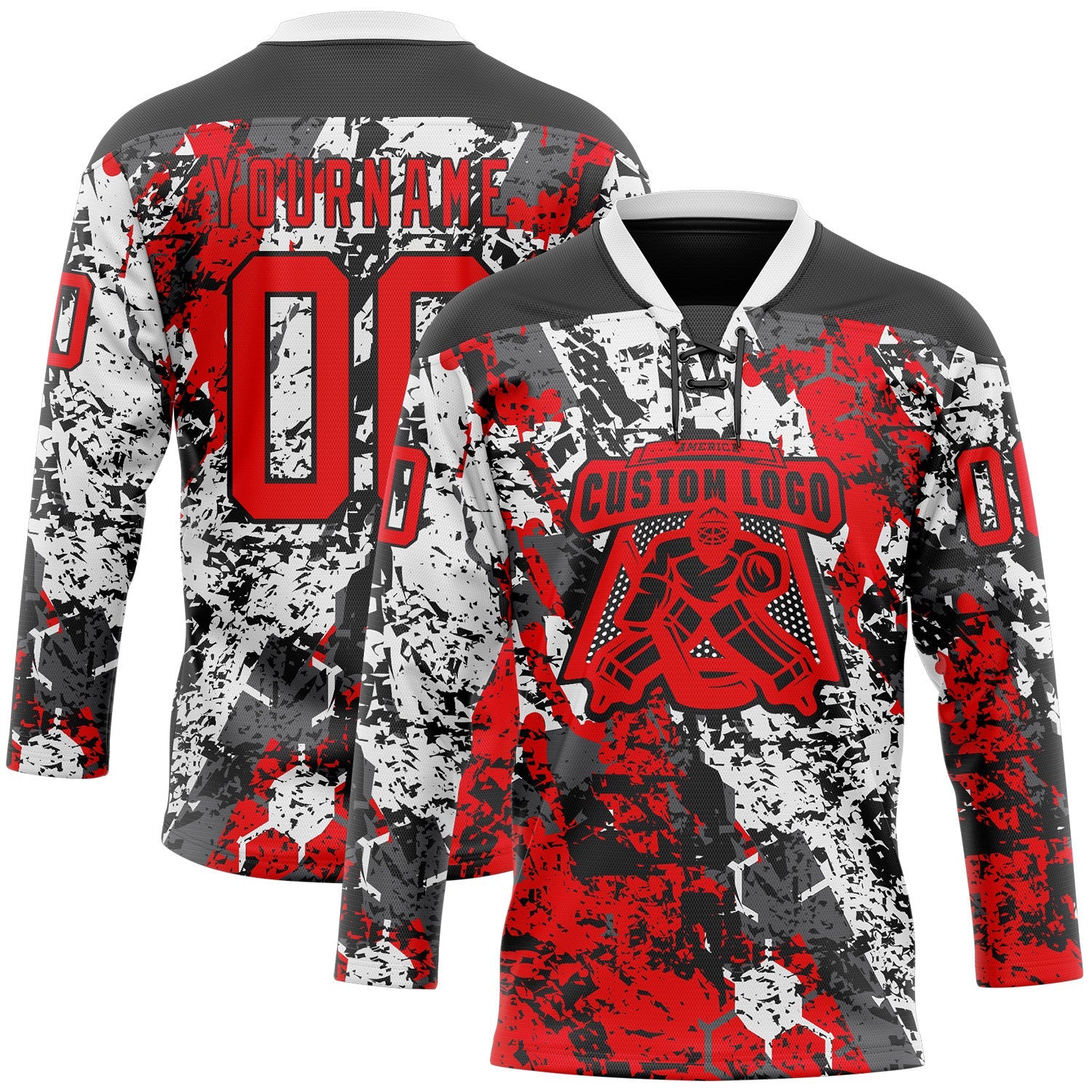 Custom Black Fire Red-White 3D Pattern Abstract Grunge Hockey Lace Neck Jersey view 2