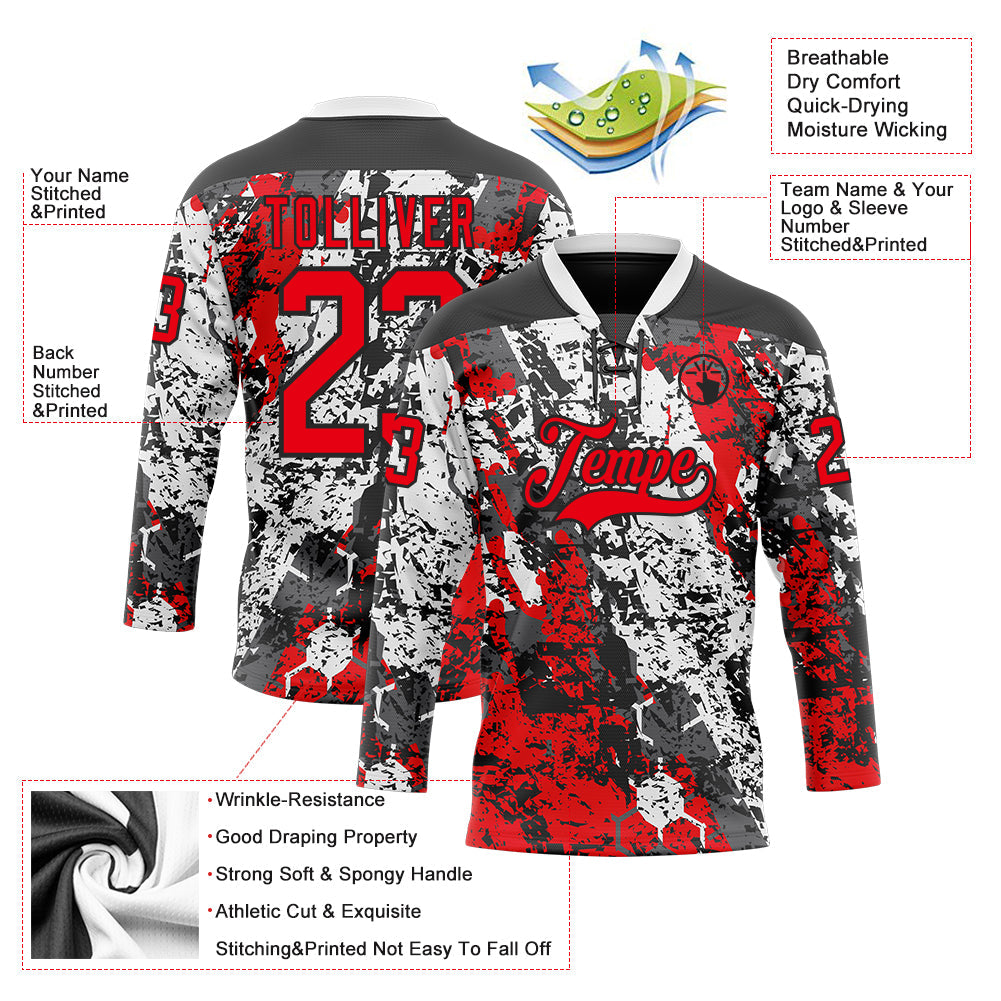 Custom Black Fire Red-White 3D Pattern Abstract Grunge Hockey Lace Neck Jersey view 3