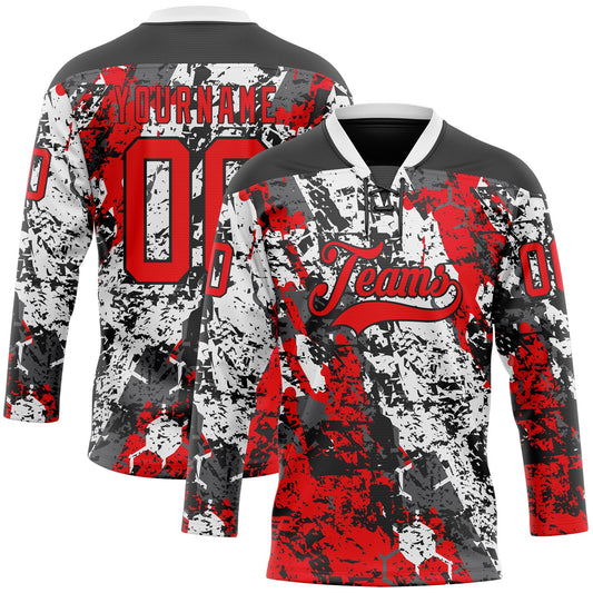 Custom Black Fire Red-White 3D Pattern Abstract Grunge Hockey Lace Neck Jersey - Main View
