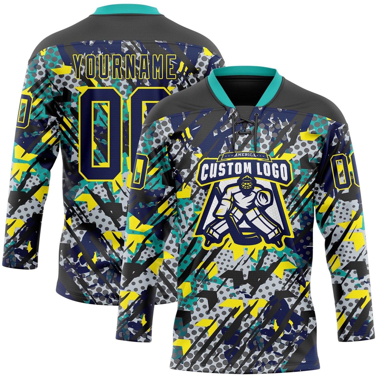 Custom Navy Light Yellow-Aqua 3D Pattern Abstract Grunge Hockey Lace Neck Jersey view 2