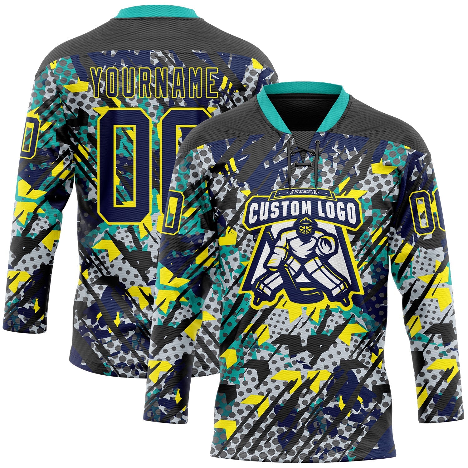 Custom Navy Light Yellow-Aqua 3D Pattern Abstract Grunge Hockey Lace Neck Jersey view 2