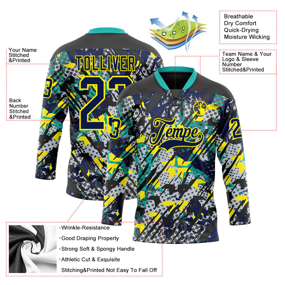 Custom Navy Light Yellow-Aqua 3D Pattern Abstract Grunge Hockey Lace Neck Jersey view 3