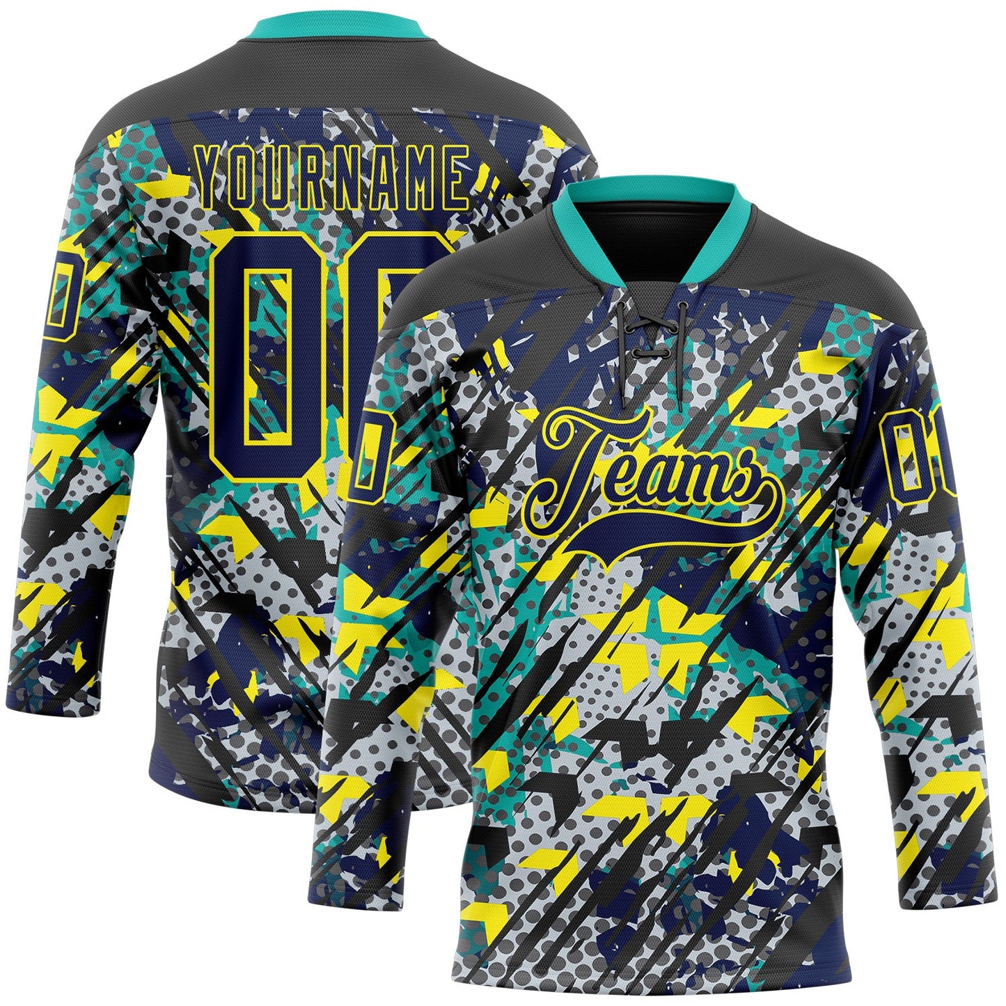 Custom Navy Light Yellow-Aqua 3D Pattern Abstract Grunge Hockey Lace Neck Jersey - Main View
