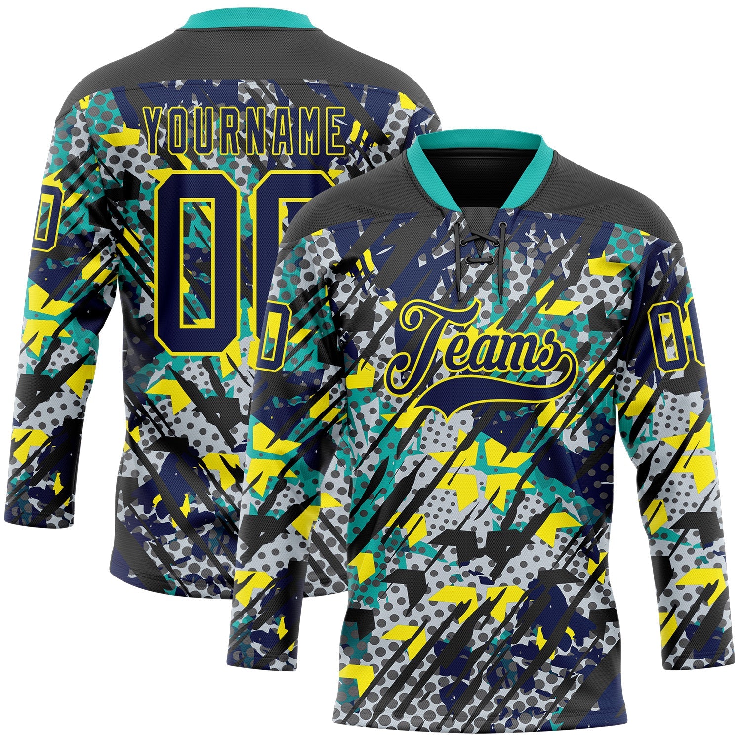 Custom Navy Light Yellow-Aqua 3D Pattern Abstract Grunge Hockey Lace Neck Jersey - Main View