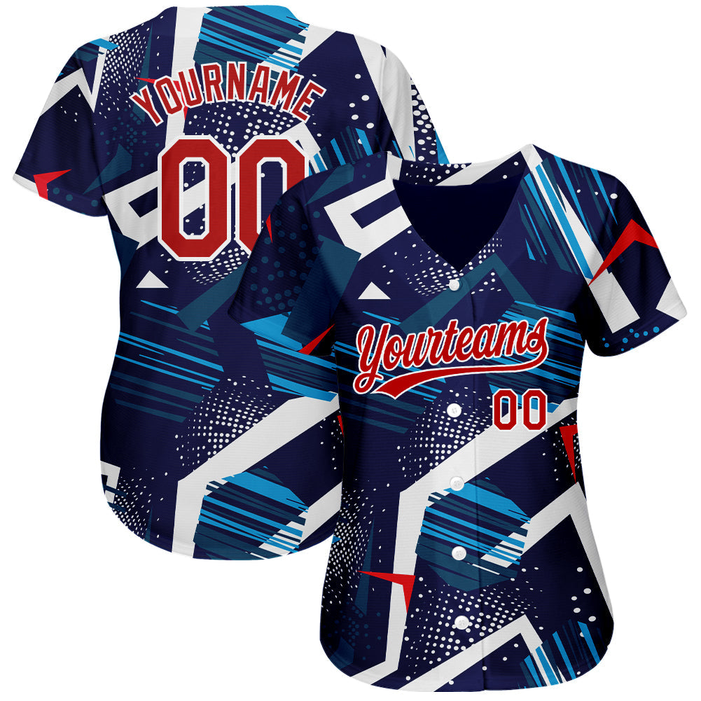 Custom Navy Red-White 3D Pattern Design Authentic Baseball Jersey view 2