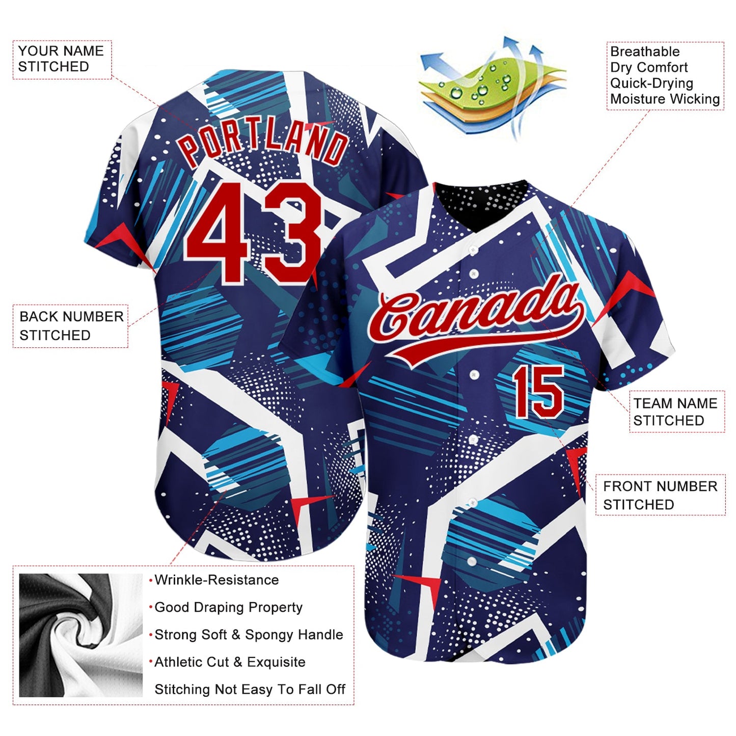 Custom Navy Red-White 3D Pattern Design Authentic Baseball Jersey view 3