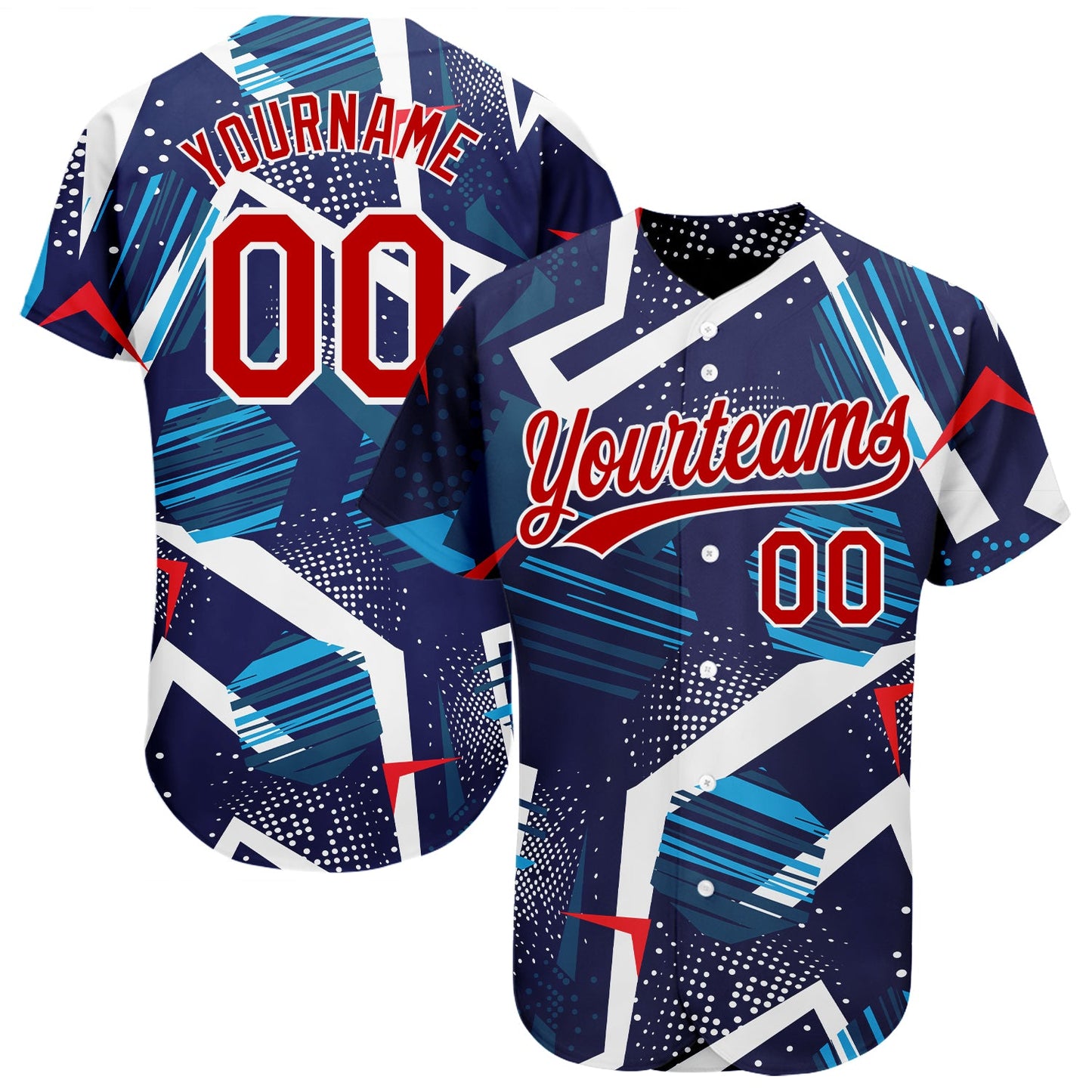 Custom Navy Red-White 3D Pattern Design Authentic Baseball Jersey - Main View