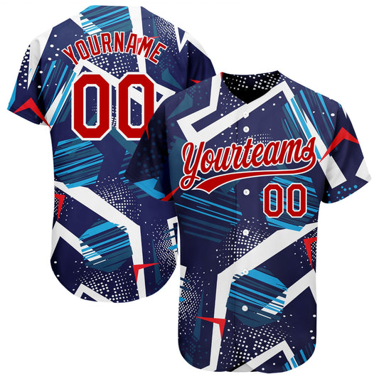 Custom Navy Red-White 3D Pattern Design Authentic Baseball Jersey - Main View