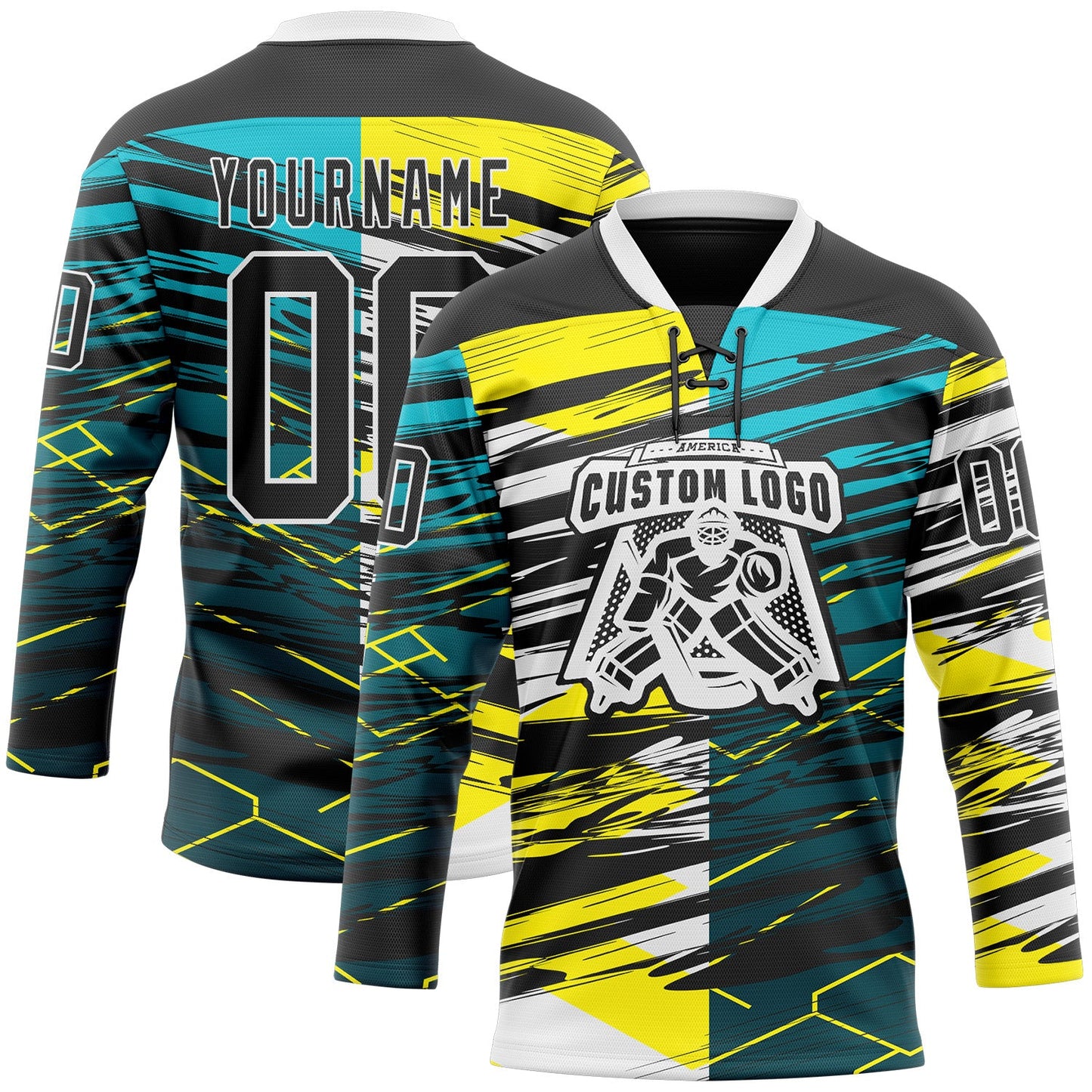 Custom Black Green-Yellow 3D Pattern Abstract Split Hockey Lace Neck Jersey view 2