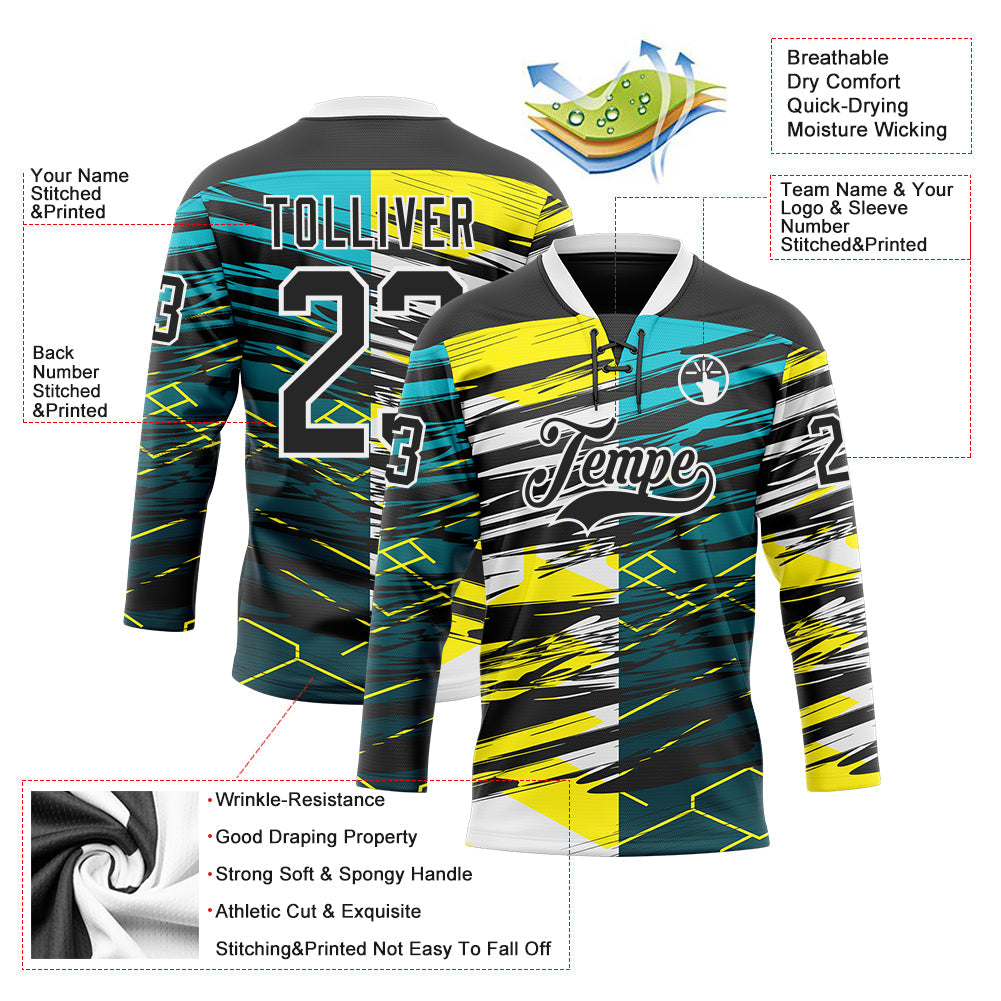 Custom Black Green-Yellow 3D Pattern Abstract Split Hockey Lace Neck Jersey view 3