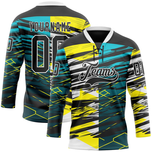 Custom Black Green-Yellow 3D Pattern Abstract Split Hockey Lace Neck Jersey - Main View