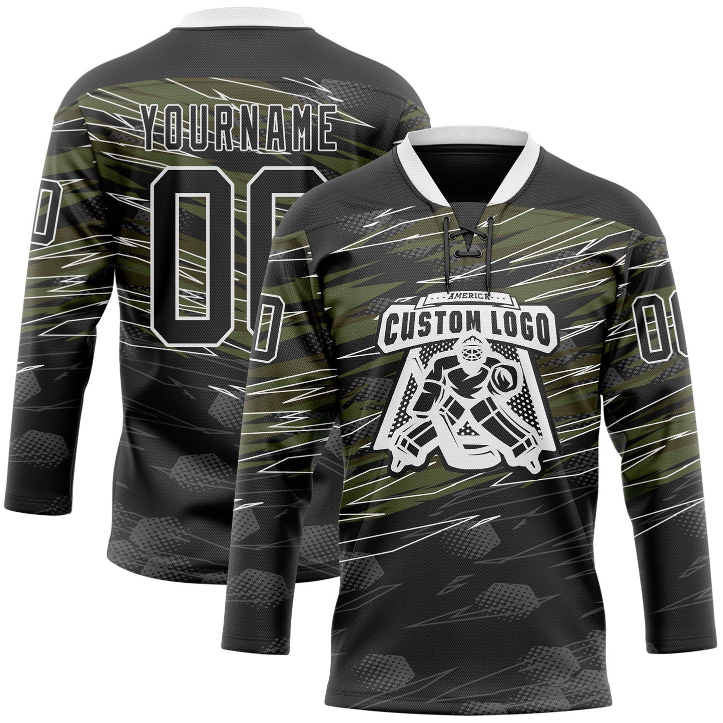 Custom Black Olive-White 3D Pattern Abstract Hockey Lace Neck Jersey view 2