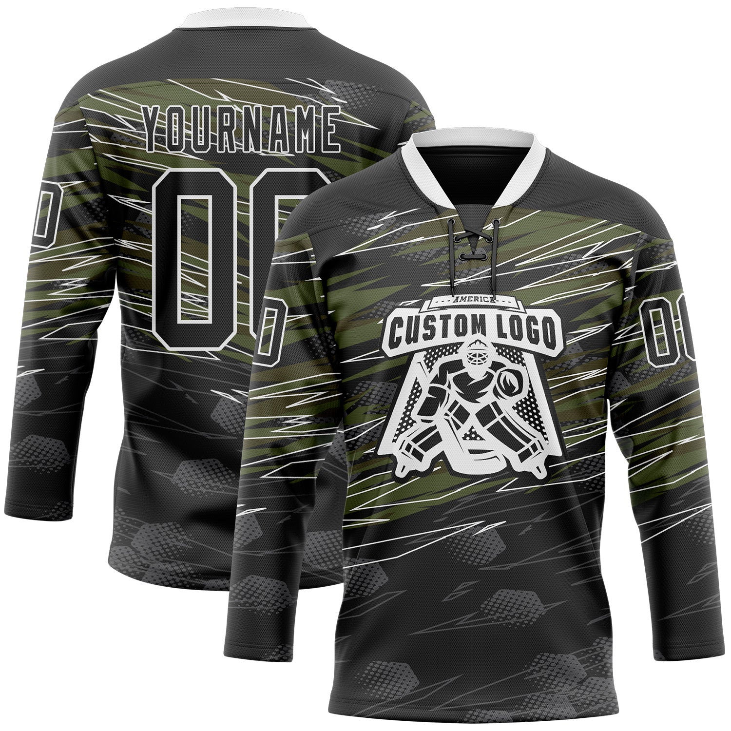 Custom Black Olive-White 3D Pattern Abstract Hockey Lace Neck Jersey view 2