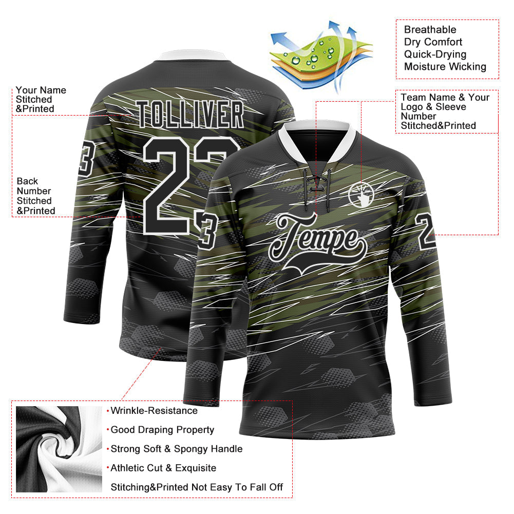 Custom Black Olive-White 3D Pattern Abstract Hockey Lace Neck Jersey view 3