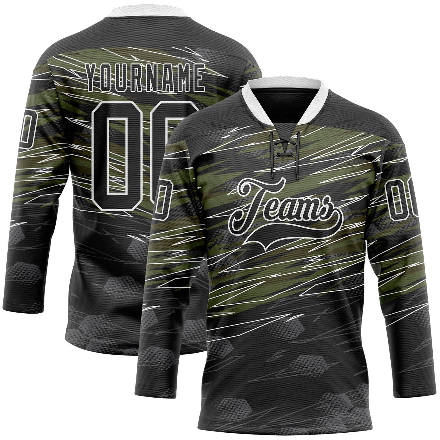 Custom Black Olive-White 3D Pattern Abstract Hockey Lace Neck Jersey - Main View