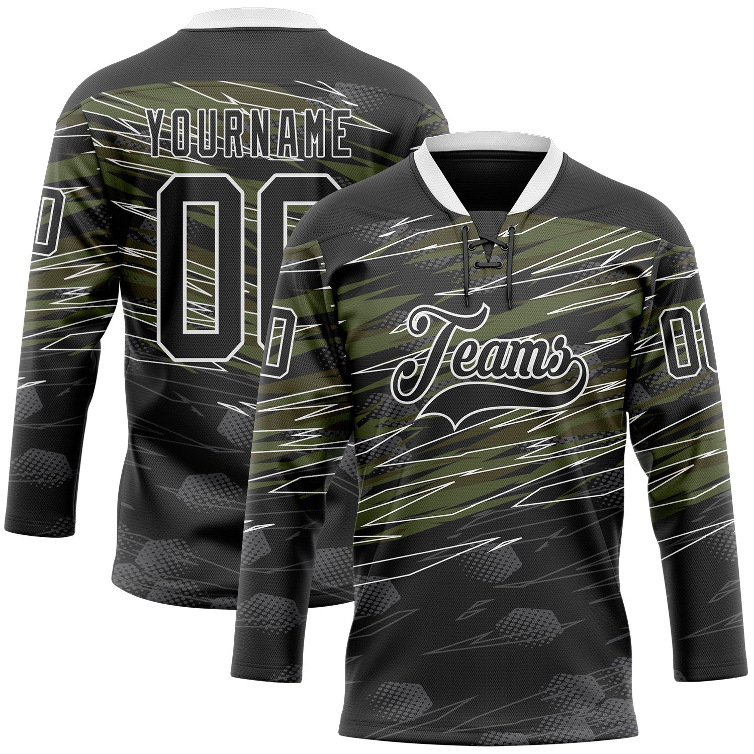 Custom Black Olive-White 3D Pattern Abstract Hockey Lace Neck Jersey - Main View