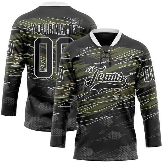 Custom Black Olive-White 3D Pattern Abstract Hockey Lace Neck Jersey - Main View