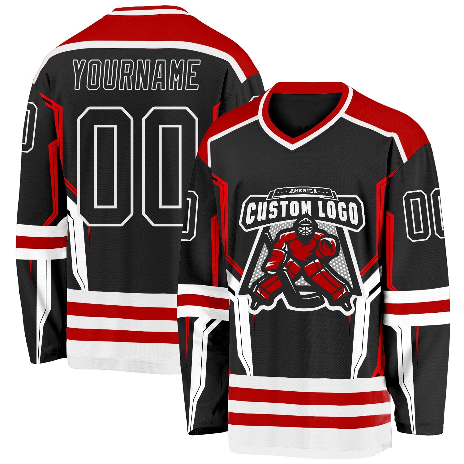 Custom Black Red-White 3D Pattern Cyber Mecha E-sport Hockey Jersey view 2