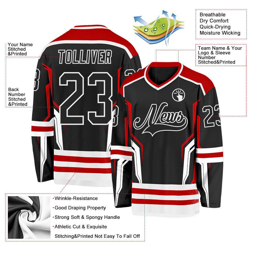 Custom Black Red-White 3D Pattern Cyber Mecha E-sport Hockey Jersey view 3